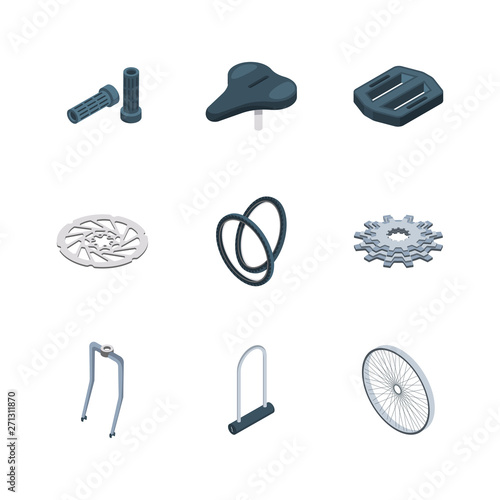 Bike parts. Bicycles components mechanical saddle fork crank seat hub vector isometric icons collection. Illustration of bicycle component isometric, bike saddle and cog wheel