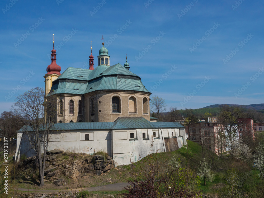 Baroque Basilica church of the Visitation Virgin Mary in spring, view from back side, place of pilgrimage, Hejnice, Jizera mountain, Czech Republic