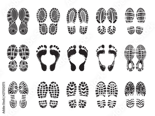 Footprint texture. Silhouettes of sneakers for human male and female shoes vector printing pictures. Illustration of imprint silhouette, boot and footprint human