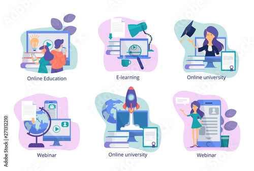Online education. Web study distance trainings tutorials webinars and courses for students from teachers vector concept pictures. Illustration of webinar and e-leaning, online course, studying seminar