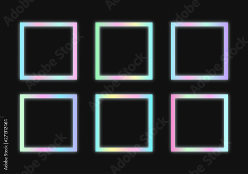 Rectangular holographic frames set in psychedelic vaporwave style. Futuristic geometric figures on dark background. Retro 80s-90s neon colors.