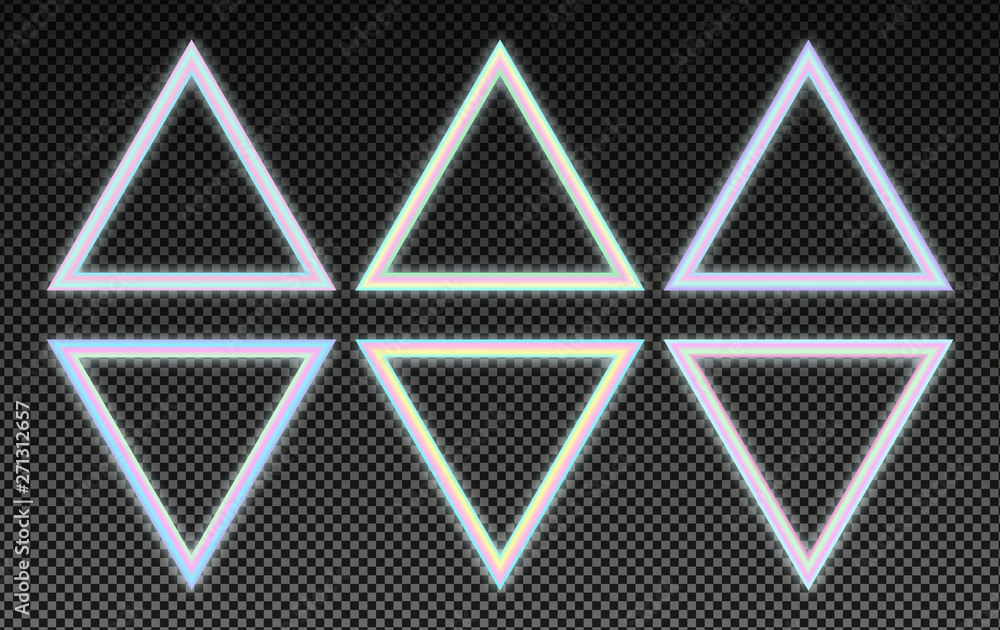 Triangular holographic frames set in psychedelic vaporwave style. Glowing neon design elements. Futuristic geometric figures on dark background. Retro 80s-90s color gradients. Triangular holographic frames set in psychedelic vaporwave style. Glowing neon design elements. Futuristic geometric figures on dark background. Retro 80s-90s color gradients.