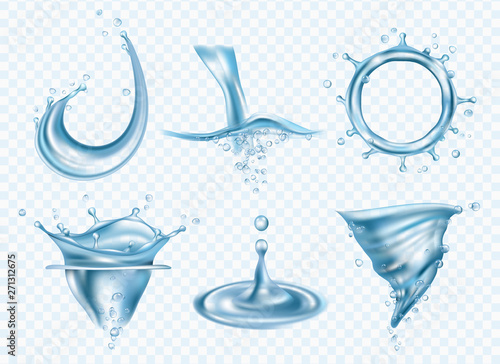 Water splashes. Washing fluid surface liquid weather rainy drops whirlpool vector realistic pictures template. Illustration of whirlpool and splash, wet flowing vortex