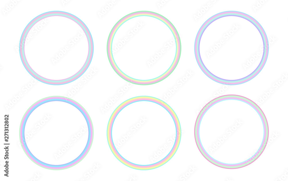 Circular holographic frames set in psychedelic vaporwave style. Futuristic geometric figures isolated on white background. Retro 80s-90s color gradients. Circular holographic frames set in psychedelic vaporwave style. Futuristic geometric figures isolated on white background. Retro 80s-90s color gradients.
