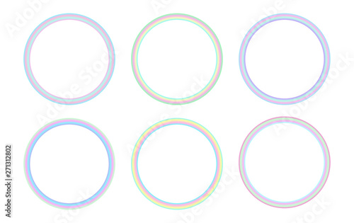 Circular holographic frames set in psychedelic vaporwave style. Futuristic geometric figures isolated on white background. Retro 80s-90s color gradients.