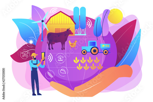 Smart eco farm, remote control smart technologies. Sustainable agriculture, farming in sustainable way, ecosystem oriented growing concept. Bright vibrant violet vector isolated illustration