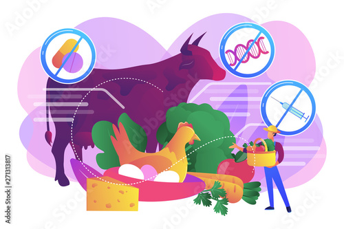 Natural farmers market goods, eco vegetables. Free from antibiotics hormones GMO foods, organic nutrition products, choose healthy foods concept. Bright vibrant violet vector isolated illustration