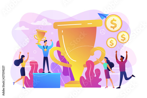 Competition winner holding golden trophy and medal. Leadership and achievement. Prize pool, prize money distribution, tournament main prize concept. Bright vibrant violet vector isolated illustration