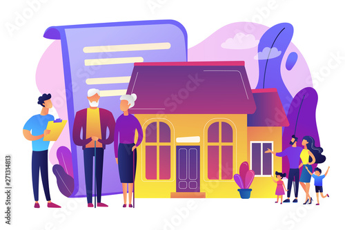 Property insurance, testament signing, house buying. Retirement estate planning, inheritance planning, financial advisor and lawyer services concept. Bright vibrant violet vector isolated illustration