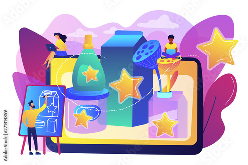 Marketing strategy, promo campaign, designer creating content. Packaging design, distinctively designed packaging, catch the customer eye concept. Bright vibrant violet vector isolated illustration