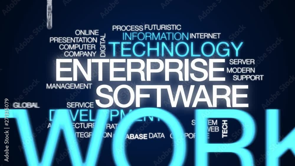 Enterprise software animated word cloud. Kinetic typography.