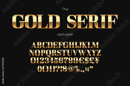 Gold serif font and alphabet. Vintage abc, english letters and numbers