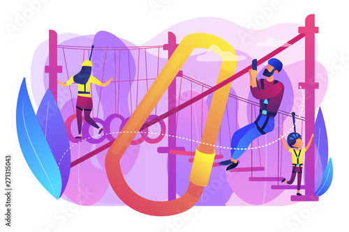 Adventure park, tourists extreme activity for adults and children. Summer ropes course, nature outdoor challenging, best ropes courses here concept. Bright vibrant violet vector isolated illustration