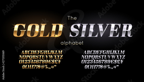 Silver and Gold serif font and alphabet. Vintage abc, vector english letters and numbers