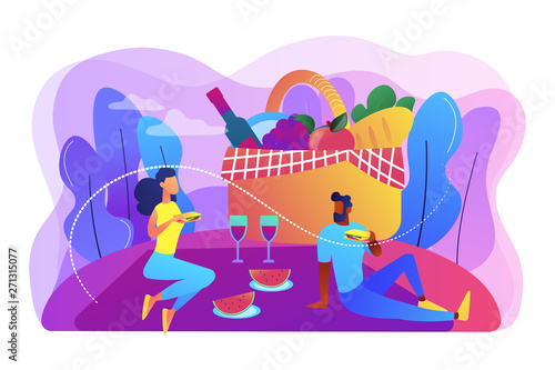 Girlfriend and boyfriend dating, couple in love eating lunch on nature. Summer picnic, park family time spending, cookout special supplies concept. Bright vibrant violet vector isolated illustration