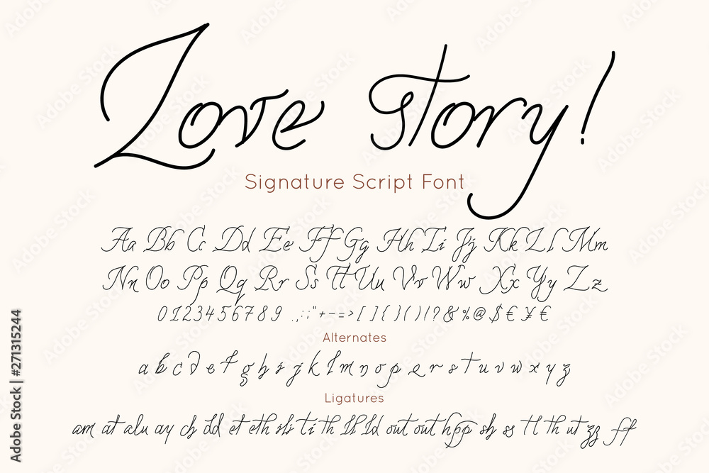 Love story vector font and alphabet. Vintage letters and numbers for fashion and wedding Invitation, card, banner