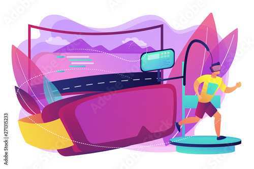 Sportsman exercising, wearing AR glasses. VR fitness gym, virtual reality training system, new fitness technology, enjoy your workout concept. Bright vibrant violet vector isolated illustration