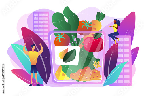 Vegetarian healthy eating, vegan takeaway meal, organic food. Assorted snack pack, trendy snack on the go, healthy nutrition diet concept. Bright vibrant violet vector isolated illustration