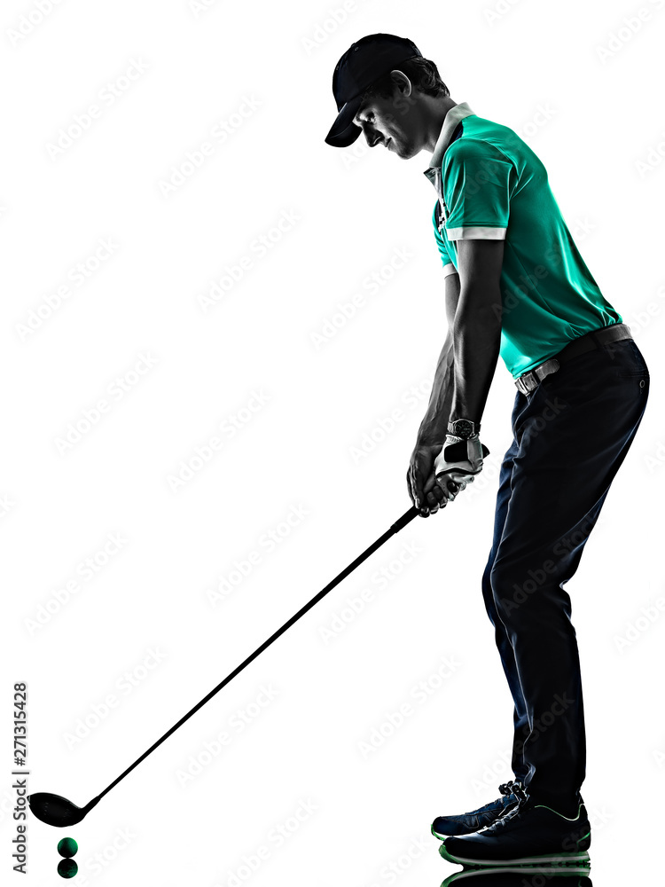 one young caucasian Man Golf golfer golfingshadow silhouette  isolated  on white background