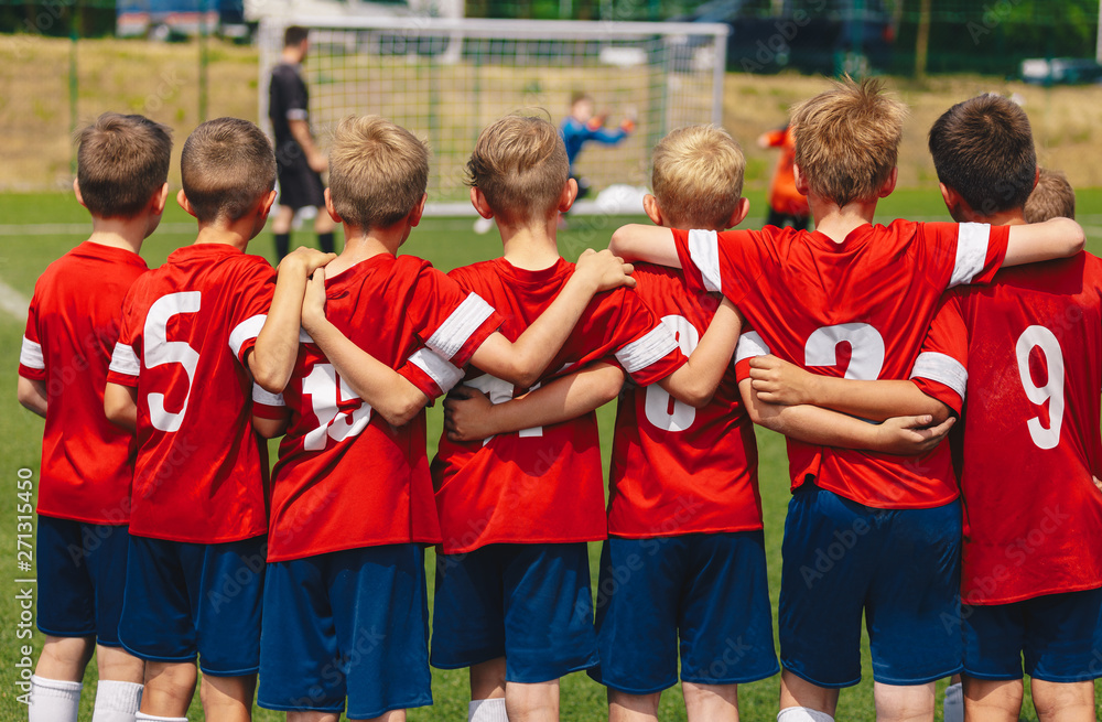 Youth european football team in red shirts. Young boys of soccer club ...