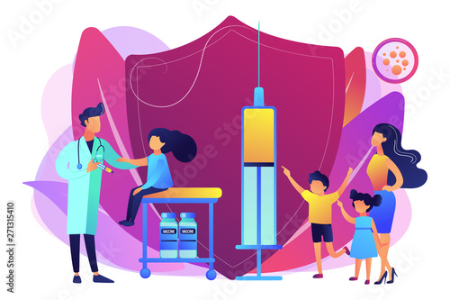 Pediatrician giving girl injection. Vaccination of preteens and teens, older children immunization, prevent your kids from diseases concept. Bright vibrant violet vector isolated illustration