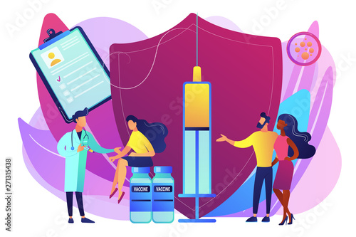 Woman getting flu shot. Contagious disease prevention. Vaccination of adults, adult immunization schedule, vaccine preventable diseases concept. Bright vibrant violet vector isolated illustration