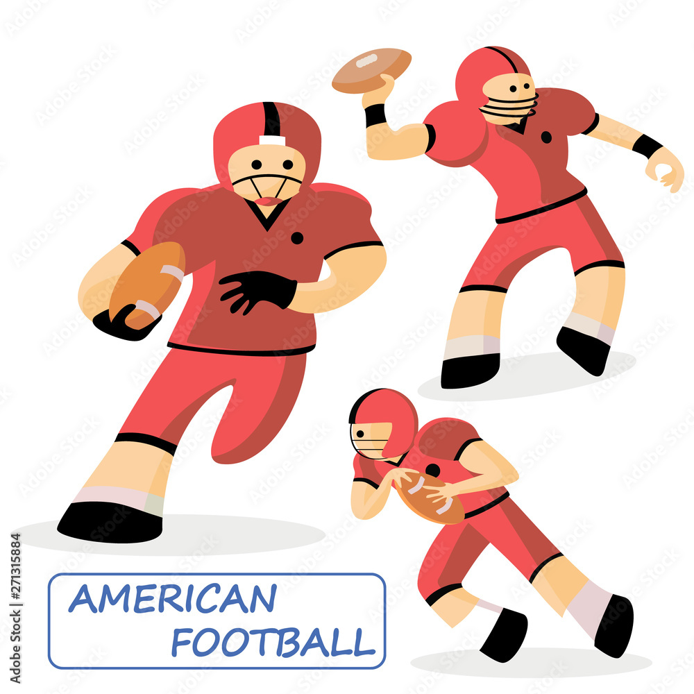American football. Set of 3 athletes. Cartoon Sports Characters. Sports team in red uniform