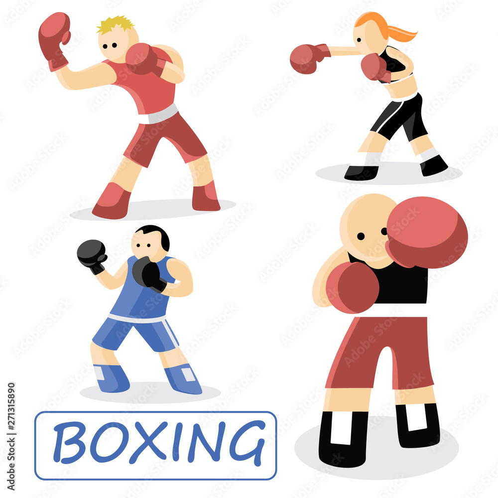 Boxing. Set of four boxers. Sport vector illustration. Cartoon characters athletes