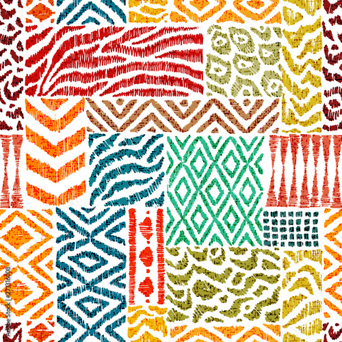 Seamless patchwork pattern. A collection of hand-drawn textures. Animal print for textiles. Ethnic and tribal motifs. Vector illustration in the style of boho.