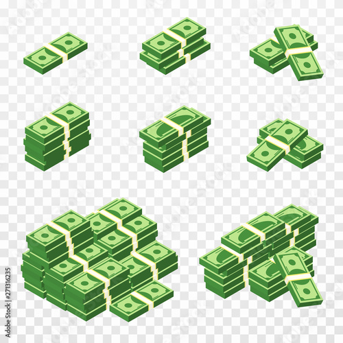 Bunches of money in cartoon 3d style. Set of different packs of dollar bills. Isometric green dollars, profit, investment and savings concept