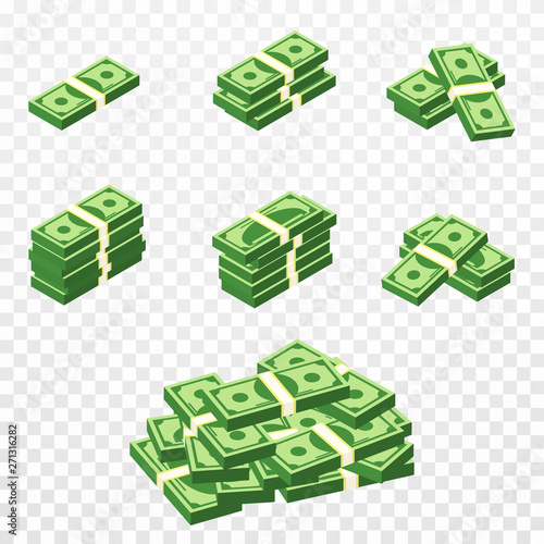 Bunches of money in cartoon 3d style. Set of different packs of dollar bills. Isometric green dollars, profit, investment and savings concept