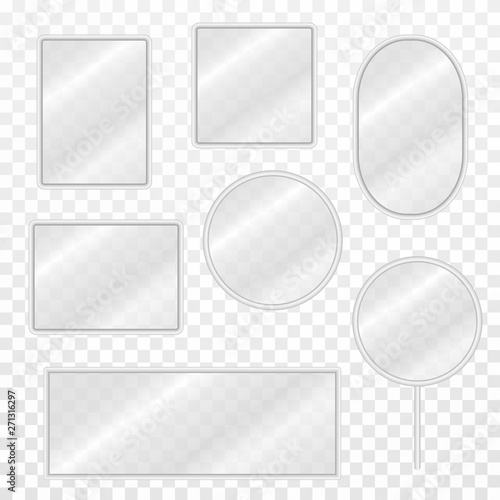 Set of vintage mirrors with blurry reflection. Realistic mirror frames with steel borders and transparent surface