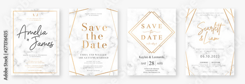 Wedding card design with golden frames and marble texture. Set of wedding announcement or invitation design template with geometric patterns and luxury background. Vector photo