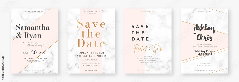 Wedding card design template with golden frames and marble texture. Set ...