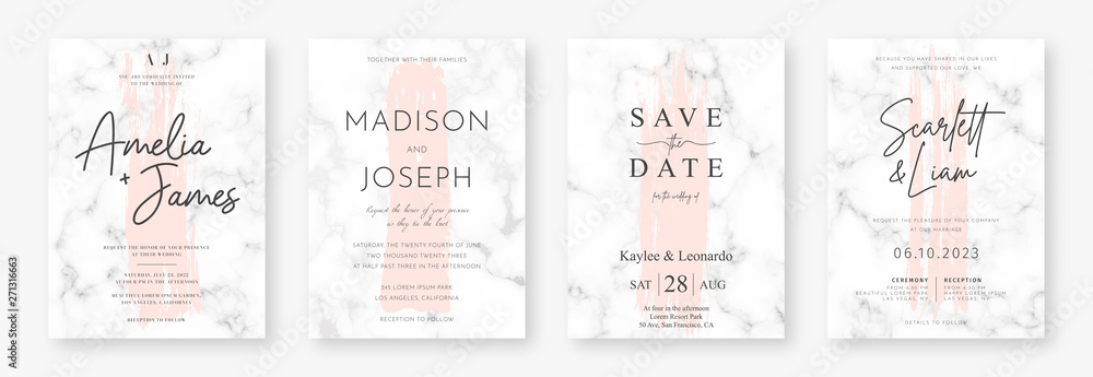 Wedding card design with pink brush strokes and marble texture. Set of wedding announcement or invitation design template - obrazy, fototapety, plakaty 