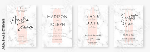 Wedding card design with pink brush strokes and marble texture. Set of wedding announcement or invitation design template