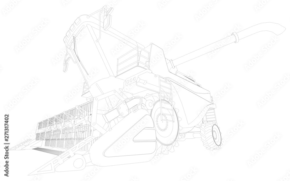 Industrial 3D illustration of thin contoured, detailed 3D model of big rye combine harvester on white, farming vehicle research concept