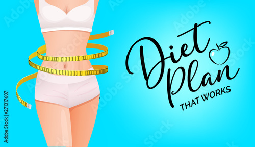 Slender woman body with yellow measure tape at waist - Diet Plan banner