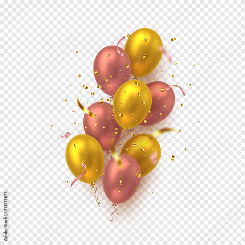 Glossy balloons in pink and golden colors with confetti. Vector decorative elements for holiday backgrounds or birthday party. Isolated on transparent background.