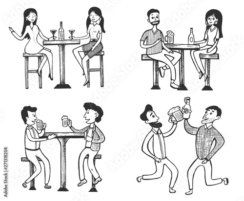 Men and women meeting, drinking at bar