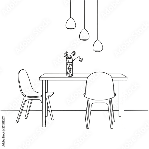 Part of the dining room. On the table vase of flowers. Lamps hang over the table. Hand drawn sketch.