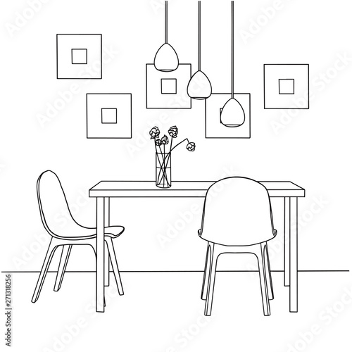 Part of the dining room. On the table vase of flowers. Lamps hang over the table. Hand drawn sketch.