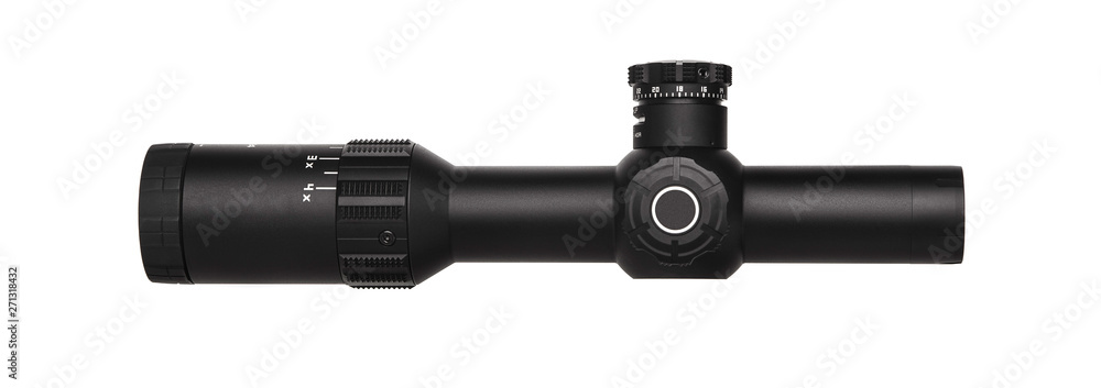 Modern optical sight for sniper and hunting rifles isolated on a white back Modern optical sight for sniper and hunting rifles isolated on a white back