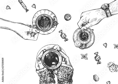 Top view of friends drinking coffee