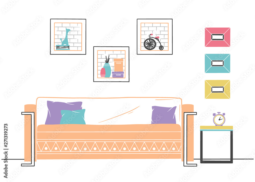 Interior in Scandinavian style. Part of the livingroom. Hand drawn vector illustration Interior in Scandinavian style. Part of the livingroom. Hand drawn vector illustration