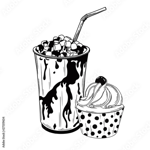Hot chocolate or cocoa drink in a cup and capcake.Dessert isolated on white background.