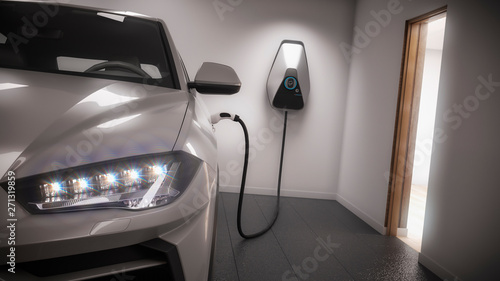 Tablou Canvas charging electric car generic suv in garage 3d rendering