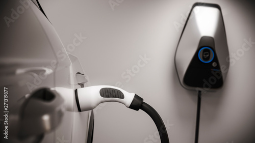 charging electric car in garage close up 3d rendering