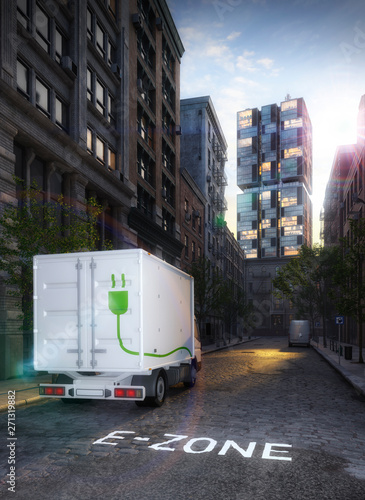electric truck in electric cars only zone with highrise in the background