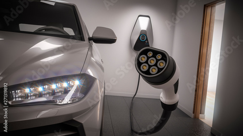 charging electric car generic suv in garage focus on power plug